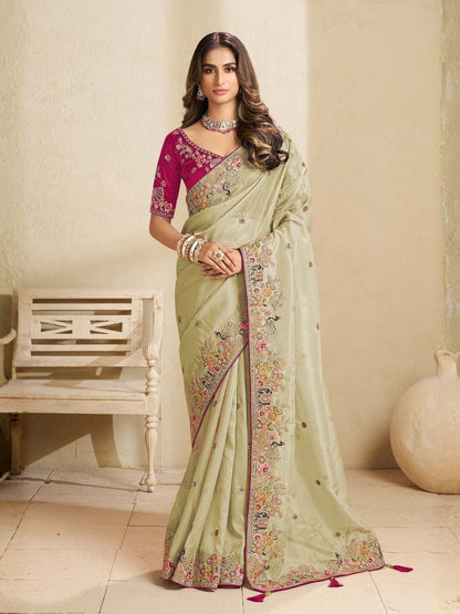 Rajwada Pista Green Satin Embroidered Saree For Women