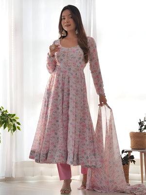 Rajwada Pink Chiffon Floral Digital Print Stitched Kurta Set For Women
