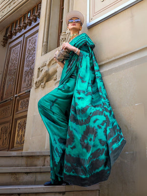 Rajwada Green Satin Printed Saree With Unstitched Blouse For Women