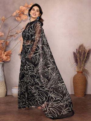 Rajwada Black Georgette Printed Saree With Unstitched Blouse For Women