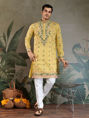 Rajwada Yellow Viscose Silk Embroidered Stitched Kurta For Men