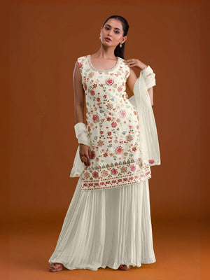 Rajwada White Georgette Embroidered Semi-Sitched Kurta Set For Women