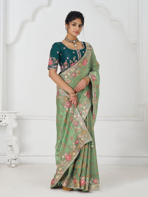 Rajwada Light Green Viscose Silk Embroidered Saree For Women