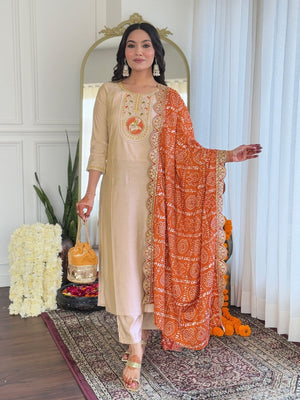 Rajwada Cream Silk Blend Embroidered Stitched Kurta Set For Women