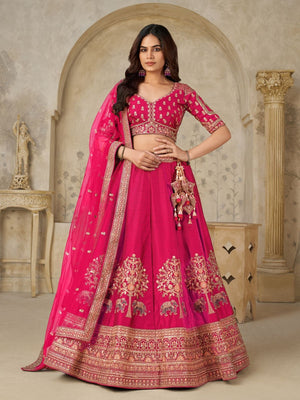 Rajwada Pink Silk Blend Embroidered Semi-Stitched Lehenga For Women