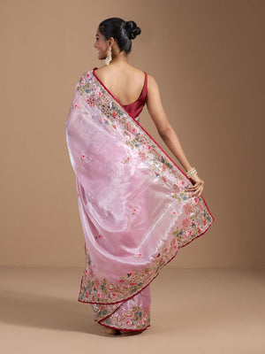 Rajwada Pastel Pink Organza Embroidered Solid Saree For Women