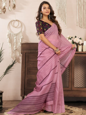 Rajwada Peach Pink Cotton Linen Zari Work Saree For Women