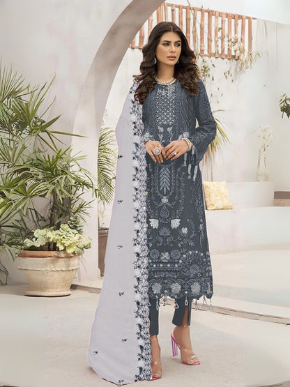 Rajwada Grey Georgette Embroidered Semi-Stitched Kurta Set For Women