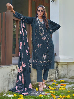 Rajwada Navy Blue Georgette Embellished Semi-Stitched Kurta Set For Women