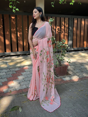 Rajwada Pink Georgette Printed Saree With Unstitched Blouse For Women