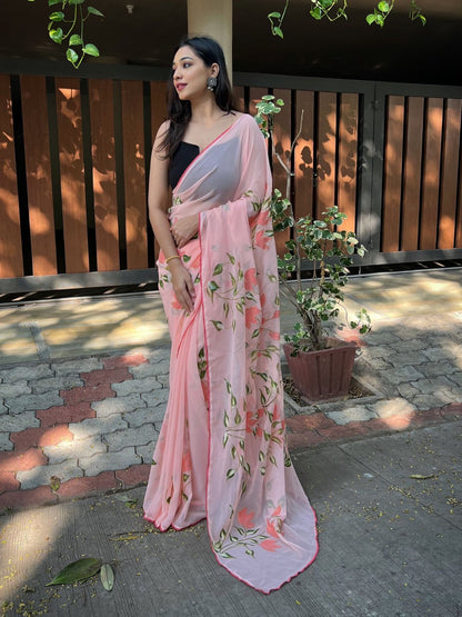 Rajwada Pink Georgette Printed Saree With Unstitched Blouse For Women