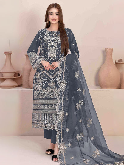 Rajwada Grey Georgette Embroidered & Cutwork Semi-Sitched Kurta Set For Women