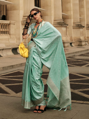 Rajwada Sea Green Silk Blend Woven Saree With Unstitched Blouse For Women