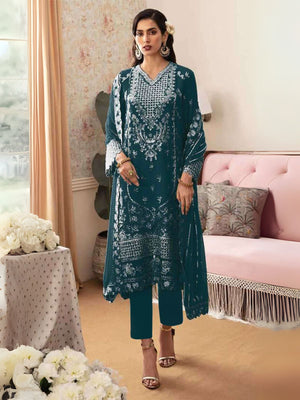 Rajwada Aqua Blue Georgette Embroidered Semi-Stitched Kurta Set For Women