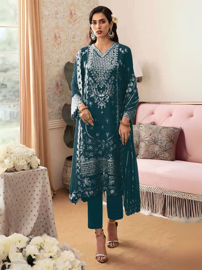 Rajwada Aqua Blue Georgette Embroidered Semi-Stitched Kurta Set For Women