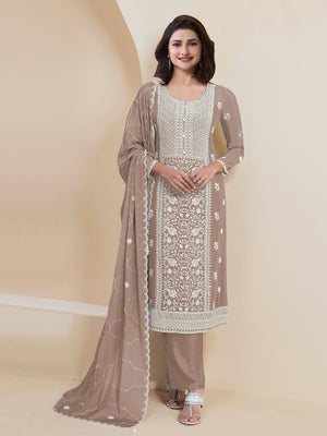 Rajwada Beige Georgette Embroidered Semi-Stitched Kurta Set For Women