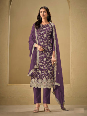 Rajwada Purple Chinon Embroidered Semi-Stitched Kurta Set For Women