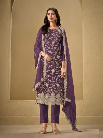 Rajwada Purple Chinon Embroidered Semi-Stitched Kurta Set For Women