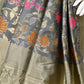 Dark Grey Silk Blend Embroidered Saree
