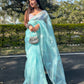 Rajwada Light Blue Organza Embroidered Saree With Unstitched Blouse For Women