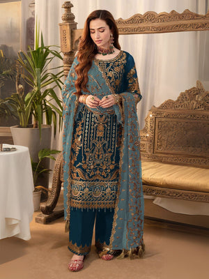 Rajwada Teal Blue Georgette Embroidered Semi-Stitched Kurta Set For Women