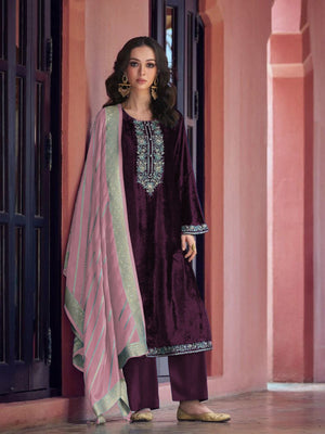 Rajwada Wine Velvet Embroidery Semi-Stitched Kurta Set For Women