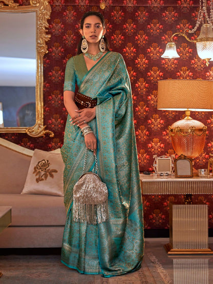 Rajwada Blue Silk Blend Woven Saree With Unstitched Blouse For Women