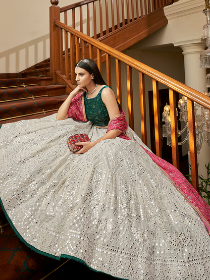 Rajwada Women White Georgette Semi Stitched Lehenga With Unstitched Blouse