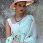 Odett Sea Green Printed Chiffon Saree with Unstitched Blouse for Women