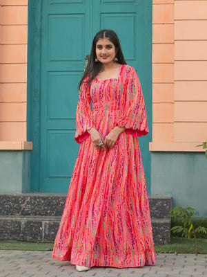 Rajwada Peach Chiffon Stitched Printed Indo Western Dress For Women