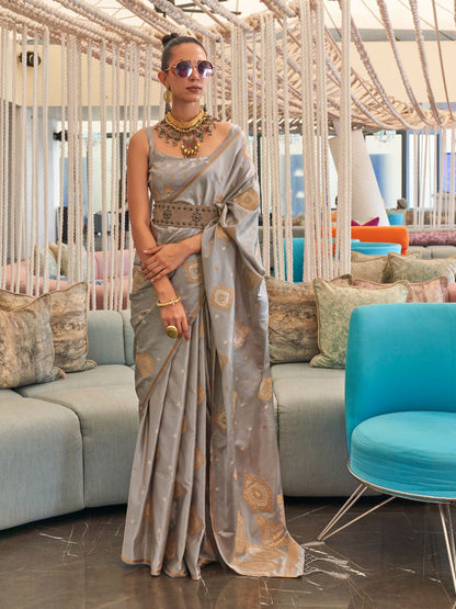 Rajwada Grey Silk Blend Woven Saree With Unstitched Blouse for Women