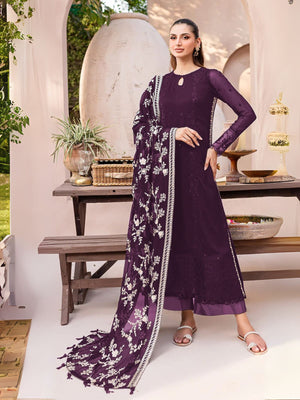 Rajwada Wine Georgette Embroidered Semi-Stitched Kurta Set For Women
