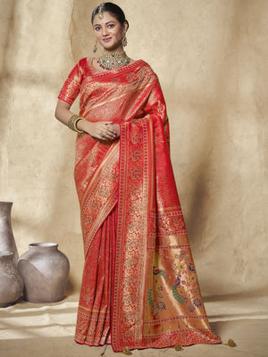 Rajwada Red Silk Blend Embellished Saree For Women