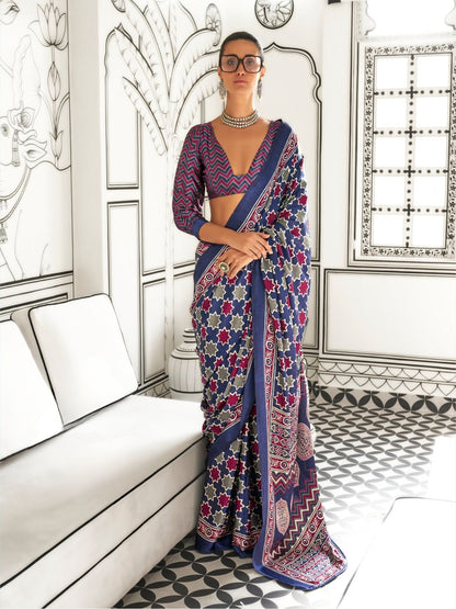 Rajwada Blue Satin Printed Saree With Unstitched Blouse For Women