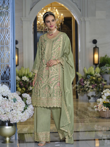 Rajwada Olive Chinon Embroidered Semi-Stitched Kurta Set For Women