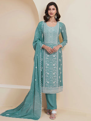 Rajwada Sky Blue Chinon Embroidered Semi-Stitched Kurta Set For Women