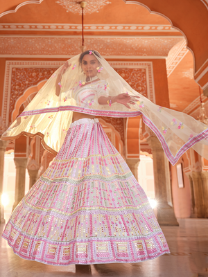 Rajwada Women White Embroidered Organza Semi Stitched Lehenga With Unstitched Blouse