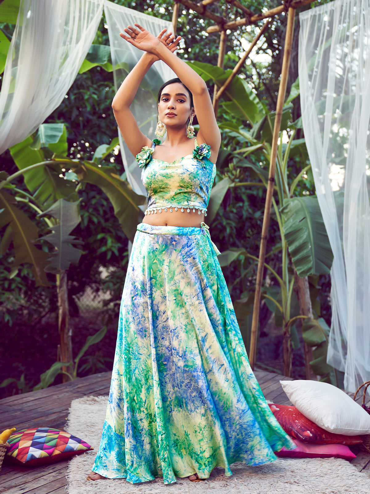 Rajwada - Sea Green and Blue Stitched Lehenga