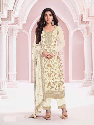 Rajwada White Cotton Blend Embroidered Semi-Stitched Kurta Set For Women