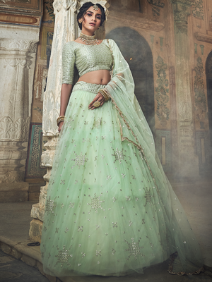 Rajwada Women Sea Green Sequins, Zari Semi Stitched Lehenga With Unstitched Blouse