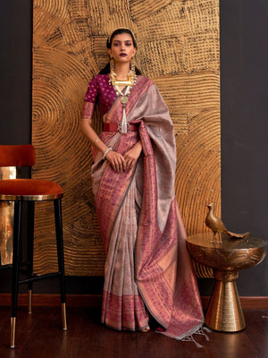 Rajwada Grey Silk Blend Woven Saree With Unstitched Blouse For Women