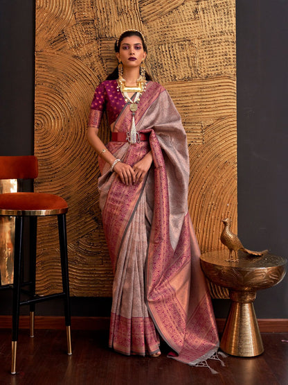 Rajwada Grey Silk Blend Woven Saree With Unstitched Blouse For Women