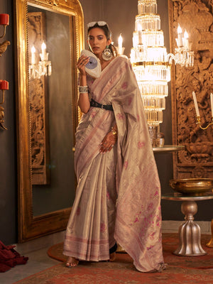 Rajwada Off White Silk Blend Woven Saree With Unstitched Blouse For Women