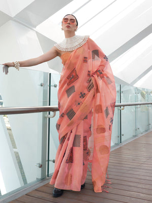 Rajwada Peach Tissue Printed Saree With Unstitched Blouse For Women