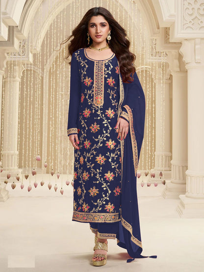 Rajwada Dark Blue Viscose Embroidered Semi-Stitched Kurta Set For Women