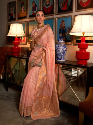 Rajwada Peach Silk Blend Woven Saree With Unstitched Blouse for Women