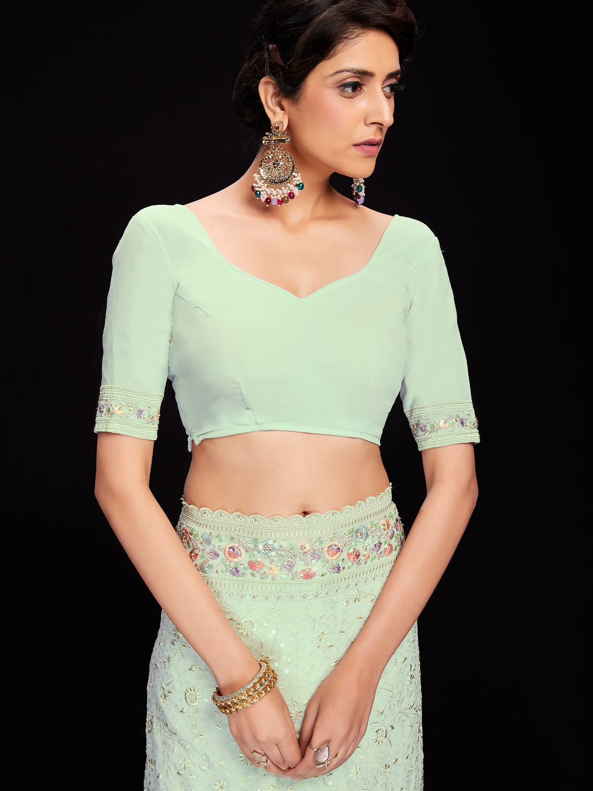 Rajwada - Sea Green Georgette Embroidered Saree with Unstitched Blouse