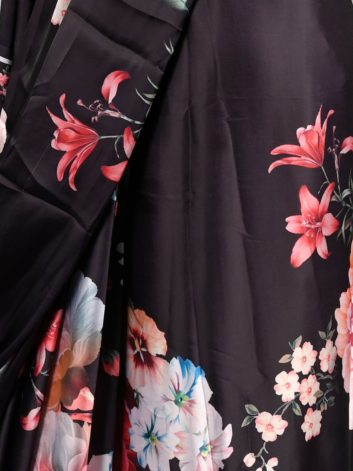 Black Soft Crepe Digital Floral Print Saree With Unstitched Blouse