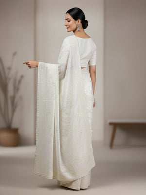 Rajwada White Organza Embroidered Solid Saree For Women