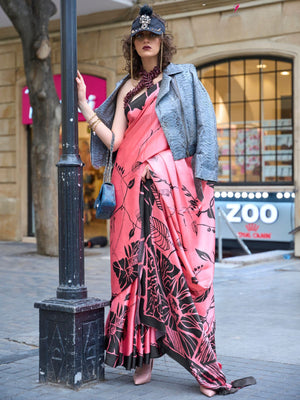 Rajwada Pink Satin Printed Saree With Unstitched Blouse For Women